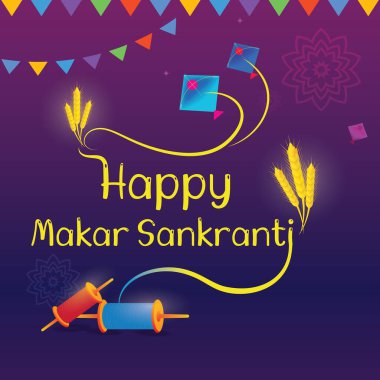 Mutlu Makar Sankranti festivali tebrik kartı uçurtmalar ve web sitesi ve sosyal medya için dekoratif unsurlar. Güzel bayram afişi taşıyıcı illüstrasyon.
