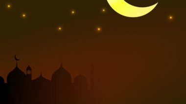 Kutsal Ramazan ayı, Hilal Ay ve gökyüzündeki yıldızlarla Animasyon Dolunayı. Arka planda lambalar ve cami olan parlak bir arka plan..