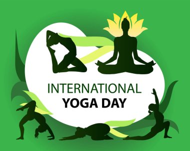 Kadın Yoga Silüeti vücut duruşuyla Uluslararası Yoga Günü İllüstrasyonu. Fitness kızı sağlık ve zindelik için yoga yapıyor. Vektör Grafiği.