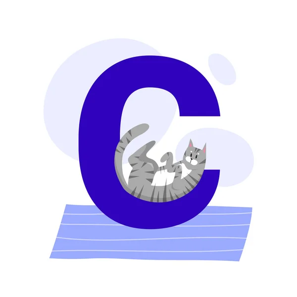 Kinder ABC englisches Tieralphabet mit C-Buchstabe und süßer Katze — Stockvektor