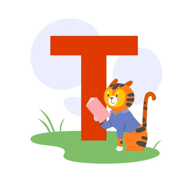 Enfants ABC alphabet animal anglais avec lettre T et tigre mignon — Image vectorielle