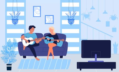 İnsanlar evde gitar çalıyor, karikatürist kadın müzisyenler, çift veya arkadaş karakterler müzik çalıyorlar.