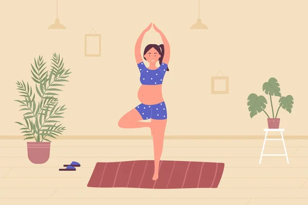 Meditação de gravidez ioga. Mulher grávida personagem relaxante, meditando em ioga posar em casa — Vetor de Stock