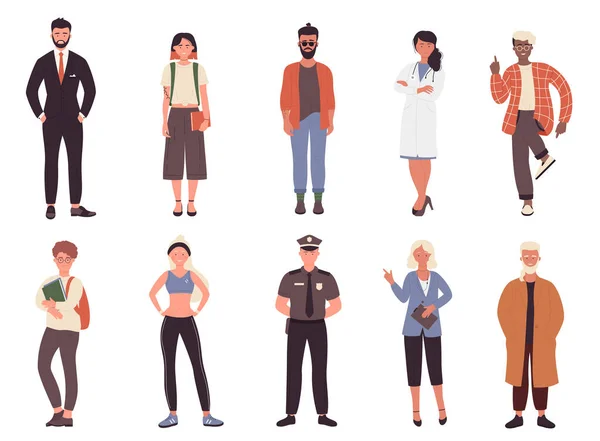 Diferentes puestos de trabajo o afición conjunto de personas, colección de dibujos animados con hombre mujer trabajador personajes en uniforme — Archivo Imágenes Vectoriales