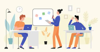 İş adamları ofiste çalışır, çizgi filmlerde yoğun karakterler modern işyerinde birlikte çalışırlar.