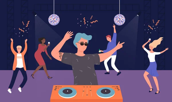 Noite festa musical clube, amigos dos desenhos animados as pessoas ouvem música DJ e dança, se divertir e dançar —  Vetores de Stock