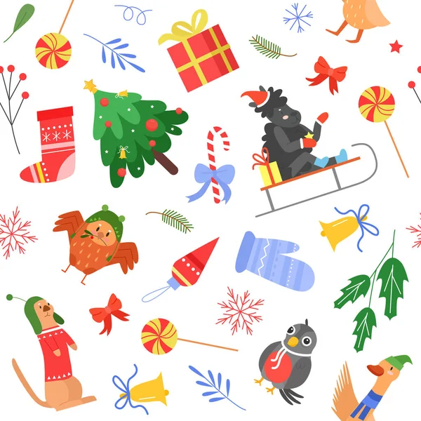 Vánoční bezešvé vzor se zvířaty a dárky — Stockový vektor