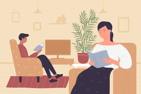Couple de personnes lisent des livres, personnages de jeunes lecteurs de dessins animés assis dans le fauteuil, lire des livres ensemble — Image vectorielle