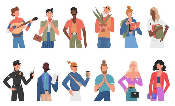 Pessoas casuais desenhos animados diversificado conjunto de caráter multirracial de diferentes raças, profissões ou idades —  Vetores de Stock