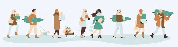 Personas con regalos de Navidad, personajes de dibujos animados que llevan bolsas y cajas de regalos, árbol de Navidad — Vector de stock