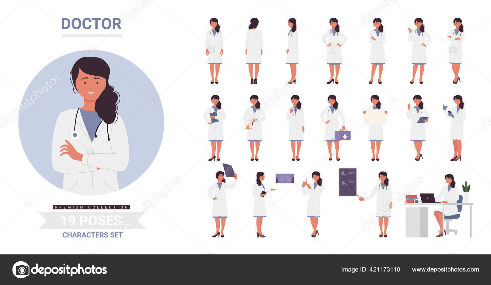 conjunto de personagens de desenhos animados de médica, senhora médica em  poses diferentes, trabalhador médico ou