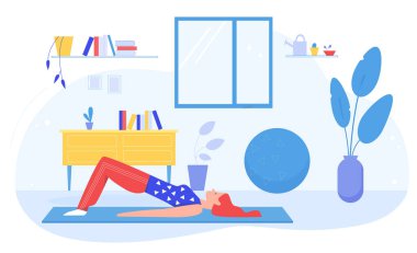 Yoga egzersizi, çizgi film kızı spor jimnastiği yapıyor ya da evde jimnastik salonunda yoga yapıyor.