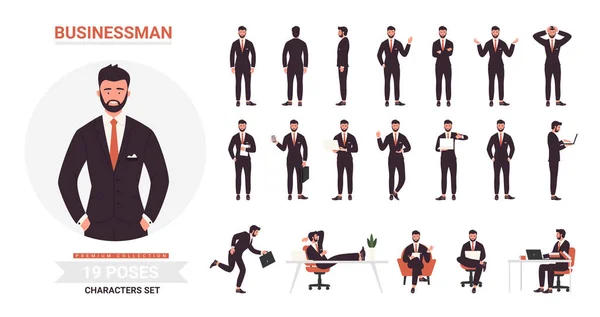 Zakenman poseert tekenfilmset, bebaarde kantoormedewerker karakter in zwart formeel pak op het werk — Stockvector
