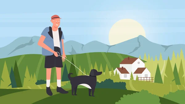 Caminhe com o cão, cartoon homem proprietário feliz andando com companheiro animal doméstico, amigo cão de estimação —  Vetores de Stock