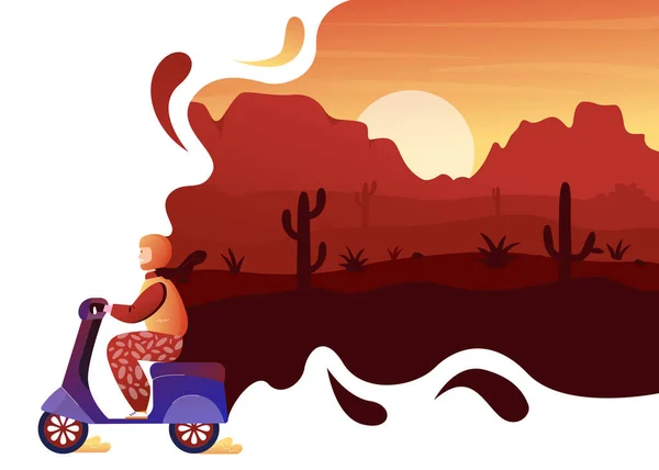 Desert άγρια φύση περιπέτεια ταξίδια έννοια, κινουμένων σχεδίων ταξιδιώτη άνθρωπος οδηγεί σκούτερ για την ανακάλυψη — Διανυσματικό Αρχείο