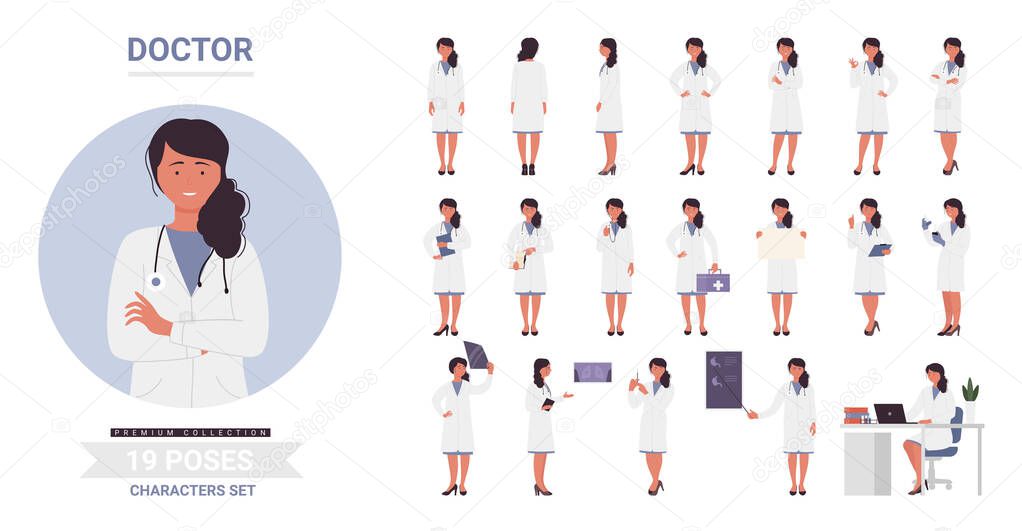 Doctor woman poses set, cartoon smiling character wearing uniform with medical bag and stethoscope