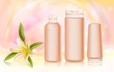 Vücut derisi kozmetik serisi, zambak bileşeni vektör illüstrasyonu, krem, losyon, duş jeli veya şampuan ürünleri için gerçekçi 3 boyutlu kozmetik şişeler.