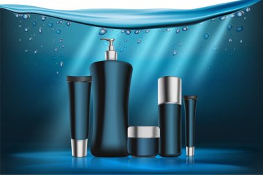 Gerçekçi şişe kaplarında mavi kozmetik serisi illüstrasyon, el, yüz ve vücut bakımı kozmetik ürünleri, reklam amaçlı kozmetik modelleme