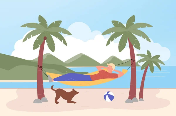 Relax in amaca, cartone animato felice turista uomo relax sull'isola tropicale, sdraiato in amaca da spiaggia — Vettoriale Stock