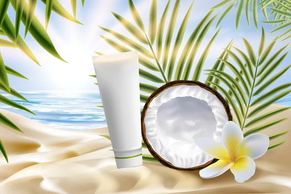 Cosmética de coco producto paquete vector ilustración, embalaje tubo realista para los procedimientos de belleza en la playa de mar y hojas de palma — Vector de stock