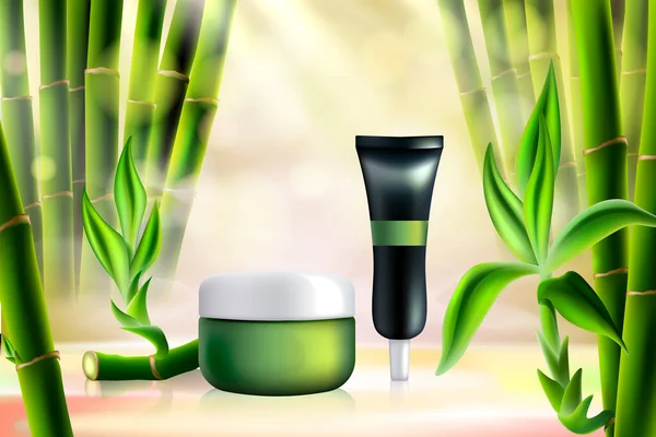 Bambu tropical cosméticos orgânicos rosto pele cuidados modelo — Vetor de Stock