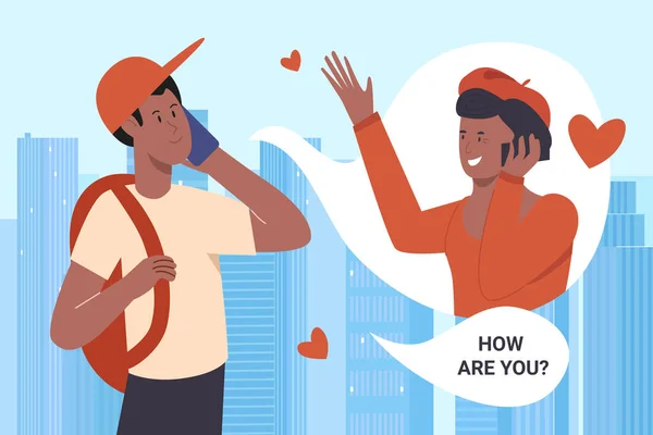 Chiama i genitori, studente dei cartoni animati tenendo il telefono in mano per una conversazione remotamente felice con la madre — Vettoriale Stock