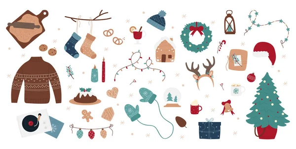 Kerstdecoratie set voor gezellige wintervakantie seizoen — Stockvector