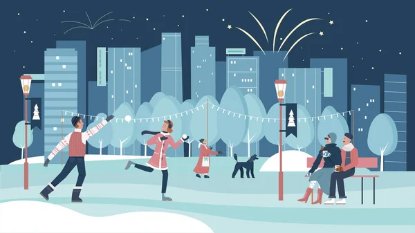 冬の街でのクリスマスのお祝い、お祝いのクリスマスシーズン — ストックベクタ