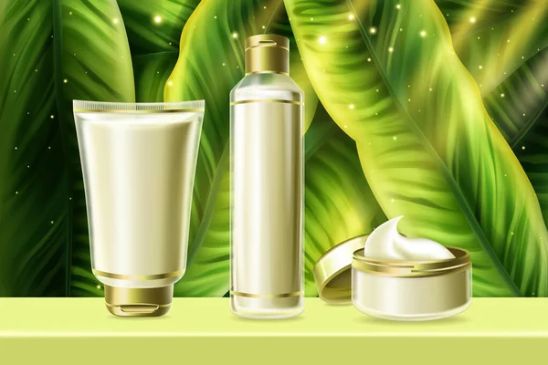 Cosméticos para ilustração de vetor de umidade de cuidados com a pele, produto de creme hidratante de ervas de verão para pele de rosto corporal em tubos ou garrafas com decoração de folhas de palma verde — Vetor de Stock