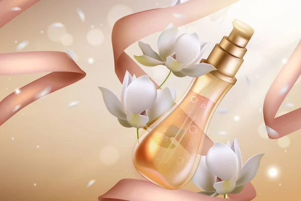 Ilustração do vetor dos cosméticos do perfume da flor alaranjada, garrafa de vidro perfumada 3d do pulverizador com ingrediente essencial do óleo de neroli e flores naturais das fitas — Vetor de Stock
