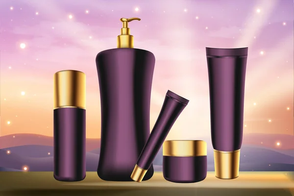 Purple skincare cosméticos série vetor ilustração, garrafas de luxo roxo realista e embalagem com rótulos dourados no fundo por do sol — Vetor de Stock