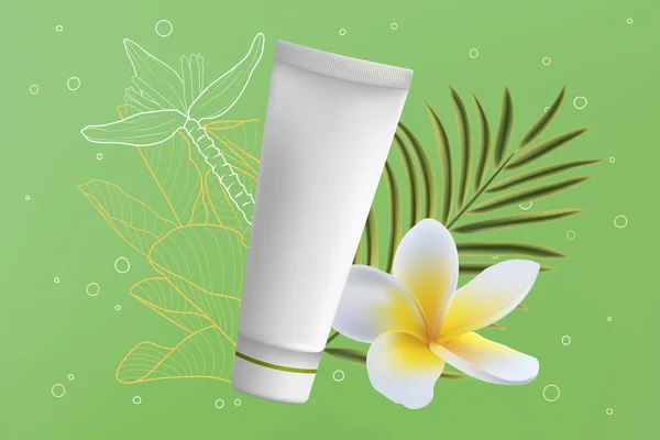 Creme tubo cosméticos vetor ilustração, 3d anúncios pacote realista com produto cremoso para beleza rosto cuidados com a pele, folhas de palma verde e plumeria flor fundo — Vetor de Stock