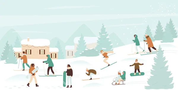 卡通滑雪和滑雪板骑手的冬季体育活动 — 图库矢量图片