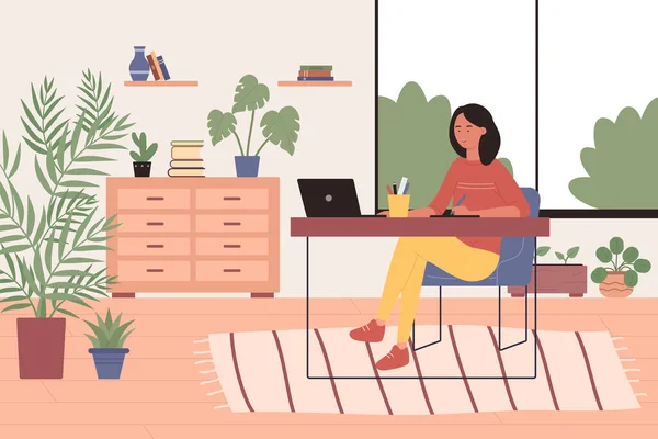 Mujer joven freelancer personaje trabajando con el ordenador portátil en casa — Vector de stock