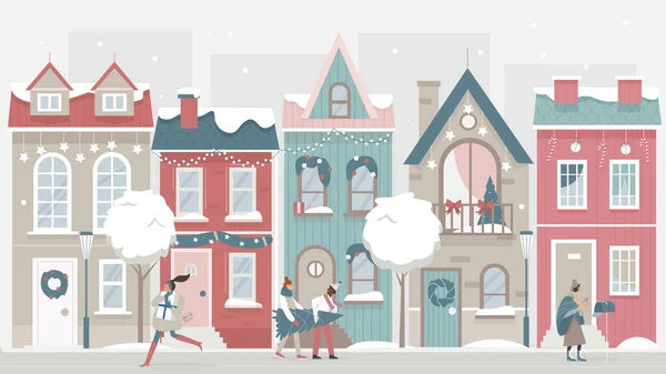 Lidé chodí na slavnostní Vánoční město zdobené ulici — Stockový vektor