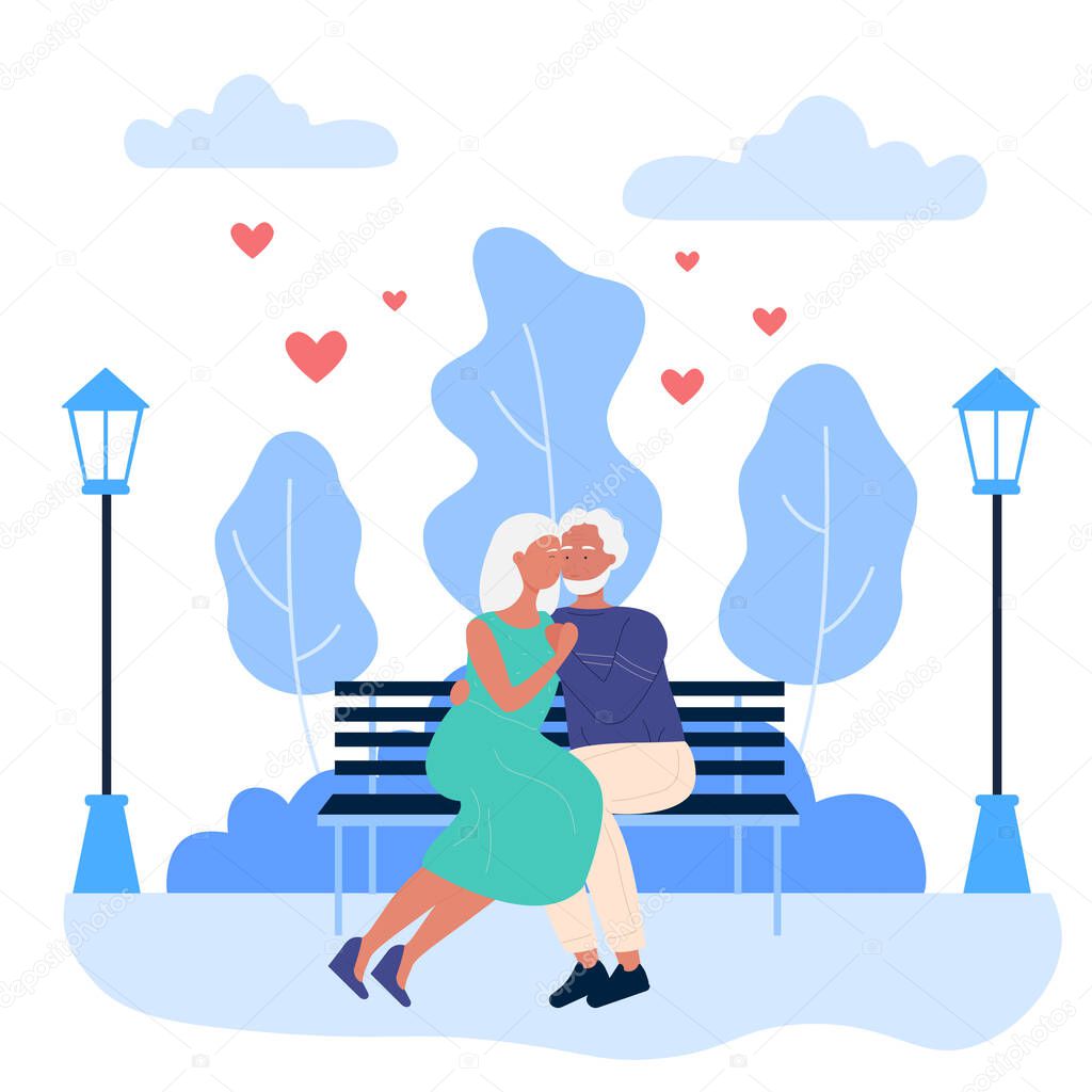 Elderly happy couple people on romantic dating in park, cartoon lover senior woman man in love