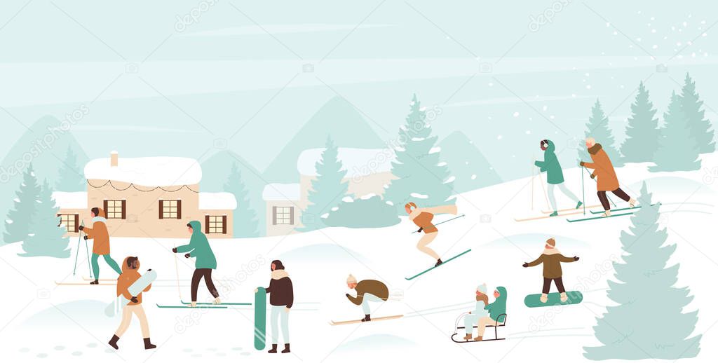Winter sport activity of cartoon ski and snowboard riders