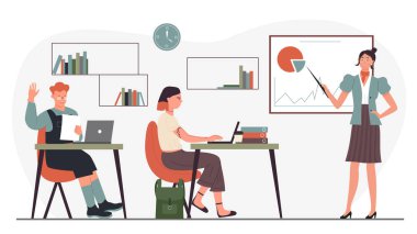 Okulda eğitim, modern sınıfta okuyan öğrenciler.