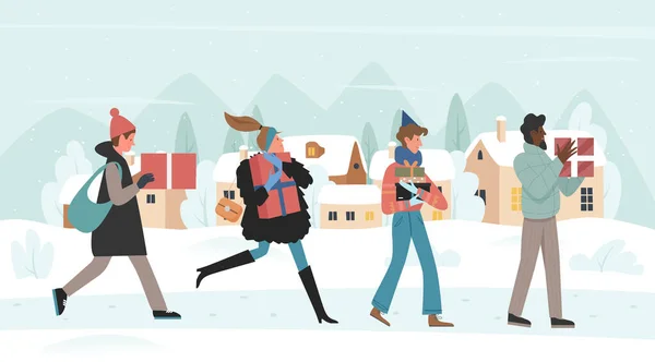 Personnages de bande dessinée avec des cadeaux à pied, courir pour le marché de Noël — Image vectorielle
