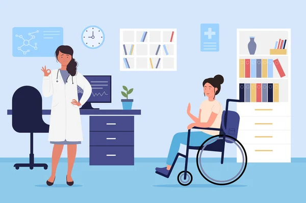 Femme handicapée personnage sur rendez-vous chez le médecin à l'hôpital — Image vectorielle