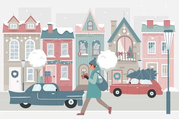 Mujer caminando con regalos de Navidad en la calle nieve invierno — Vector de stock