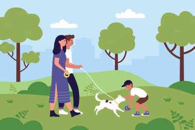 Aile fertleri evcil köpekleriyle birlikte yaz kenti manzarasında gezerler.