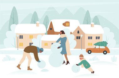 Noel tatilinde kardan adam yapan aile üyeleri.