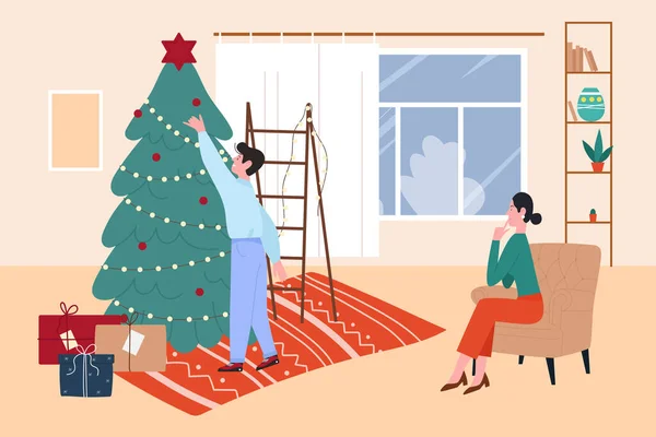 Feliz pareja de personas decorar el árbol de Navidad en casa — Vector de stock