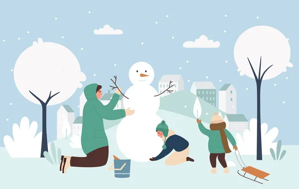 Familjer gör julen rolig snögubbe tillsammans — Stock vektor