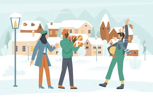 Les gens marchent et se rencontrent sur Noël hiver rue de la ville — Image vectorielle