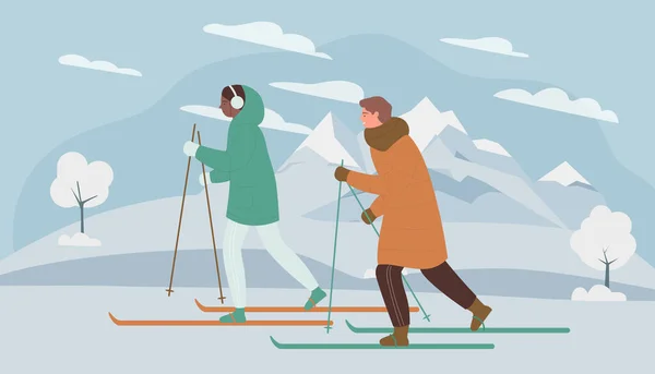 冬のスキースポーツの人々は山の雪の自然でスキーに乗る — ストックベクタ