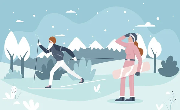 Olahraga musim dingin aktivitas yang sehat dengan karakter kartun - Stok Vektor