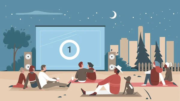 Les gens dans le cinéma en plein air regarder un film numérique — Image vectorielle