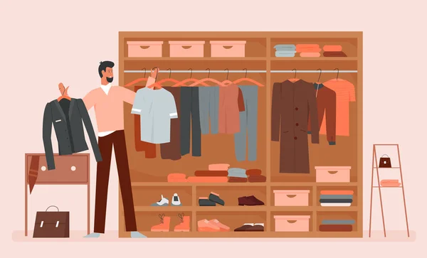 Uomo che sceglie i vestiti in cartone animato abbigliamento armadio casa stanza — Vettoriale Stock